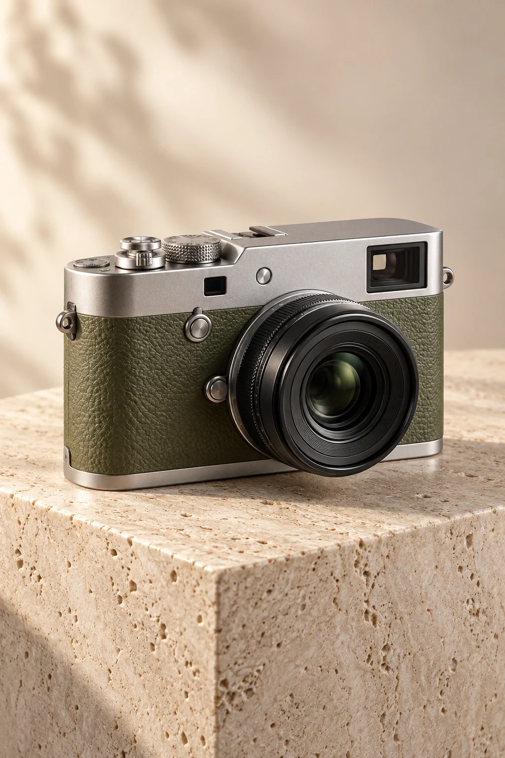 Unbranded precision silver camera with olive leather on a pale stone pedestal
