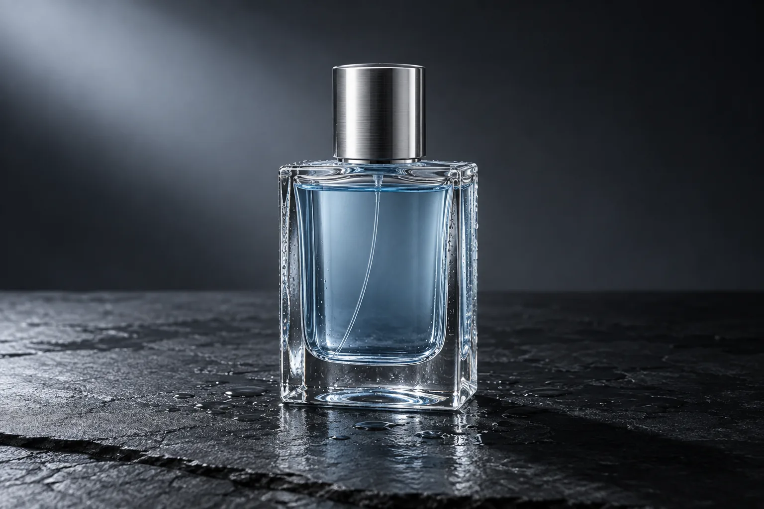 Architectural clear-glass perfume bottle with a brushed steel cap on black slate
