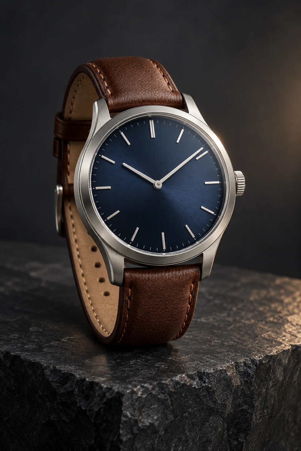 Unbranded steel mechanical wristwatch on dark slate with controlled studio reflections