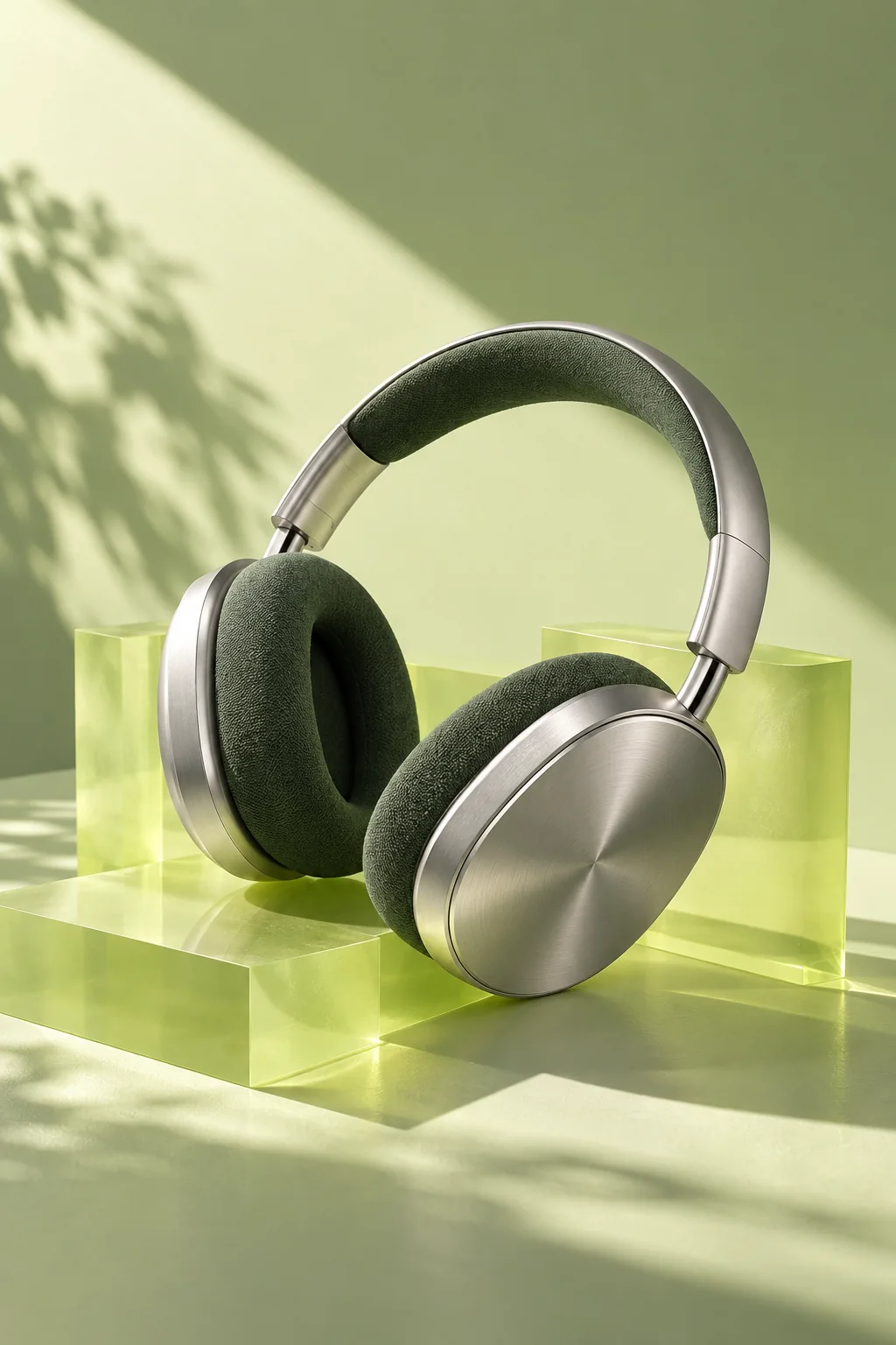 Silver headphones with green cushions on translucent lime acrylic blocks