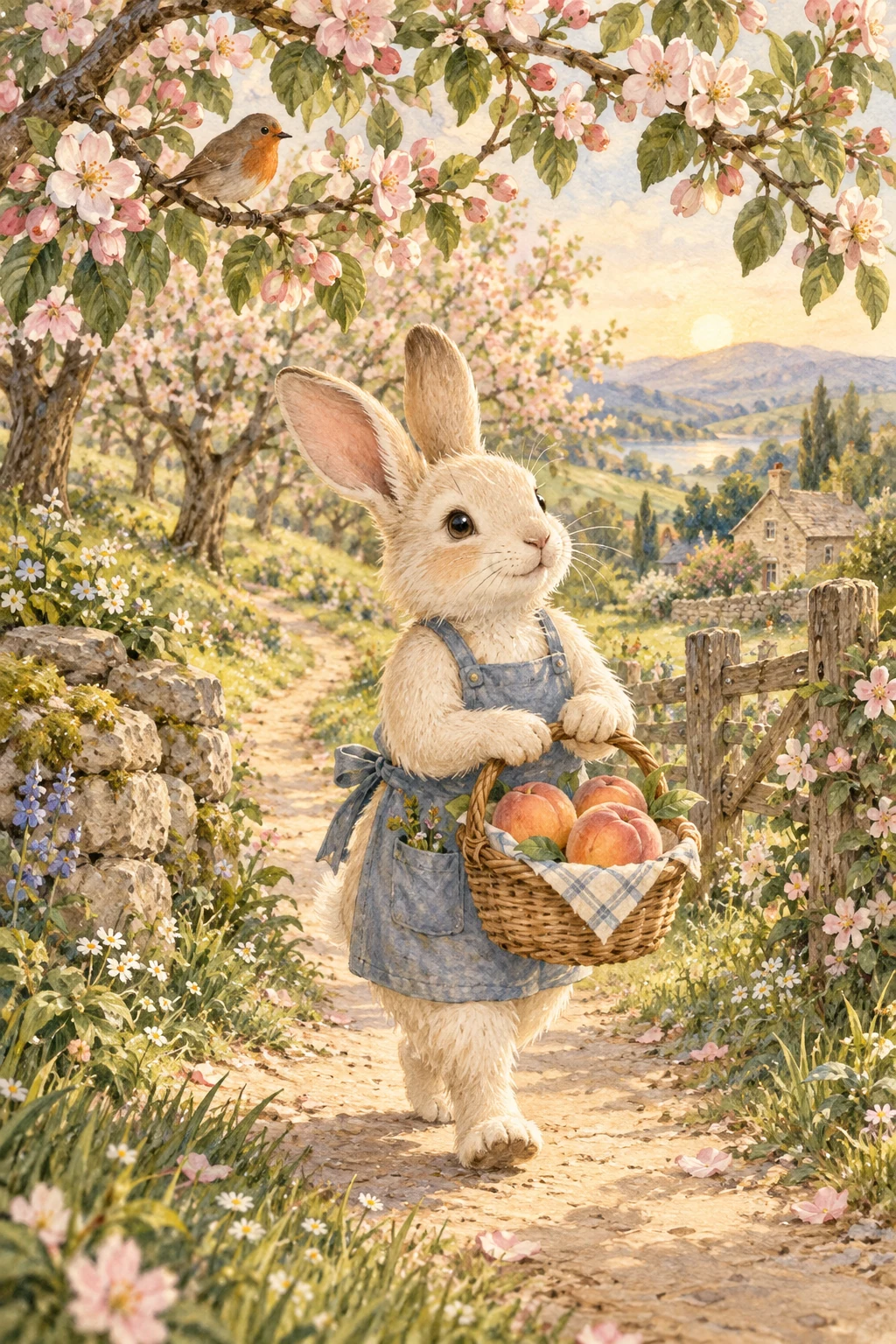 Watercolor rabbit carrying a wicker basket of peaches through a flowering orchard
