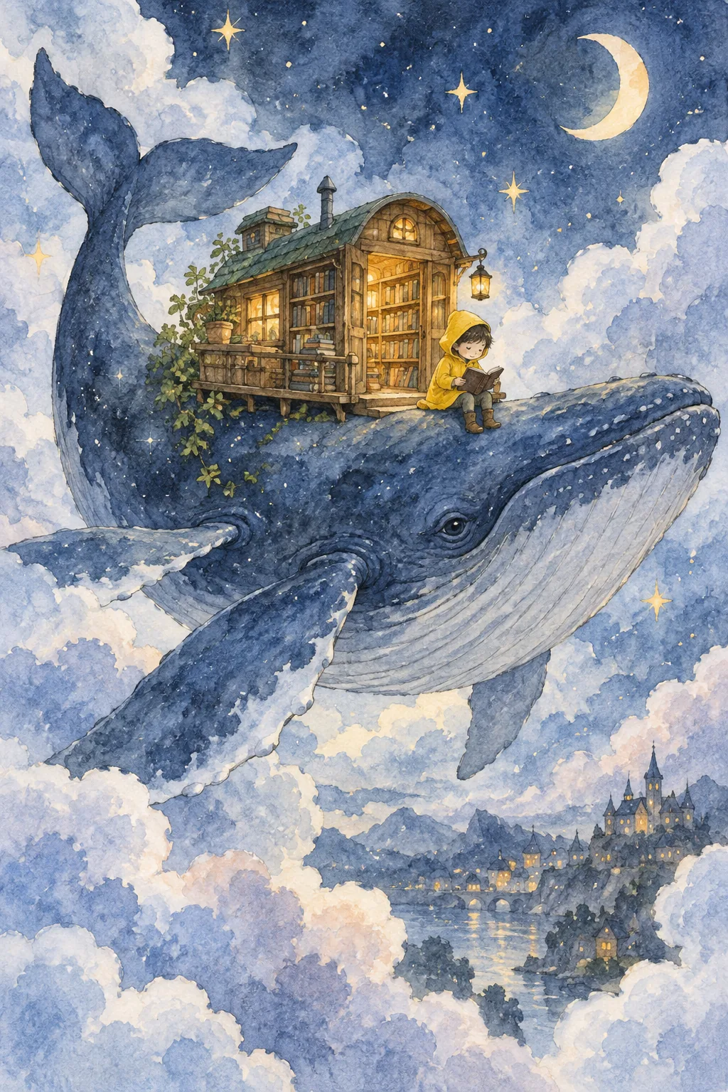 Watercolor whale carrying a tiny lantern-lit library across a blue night sky