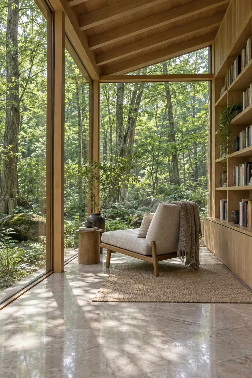 Timber reading pavilion with full-height glazing surrounded by a tranquil green forest