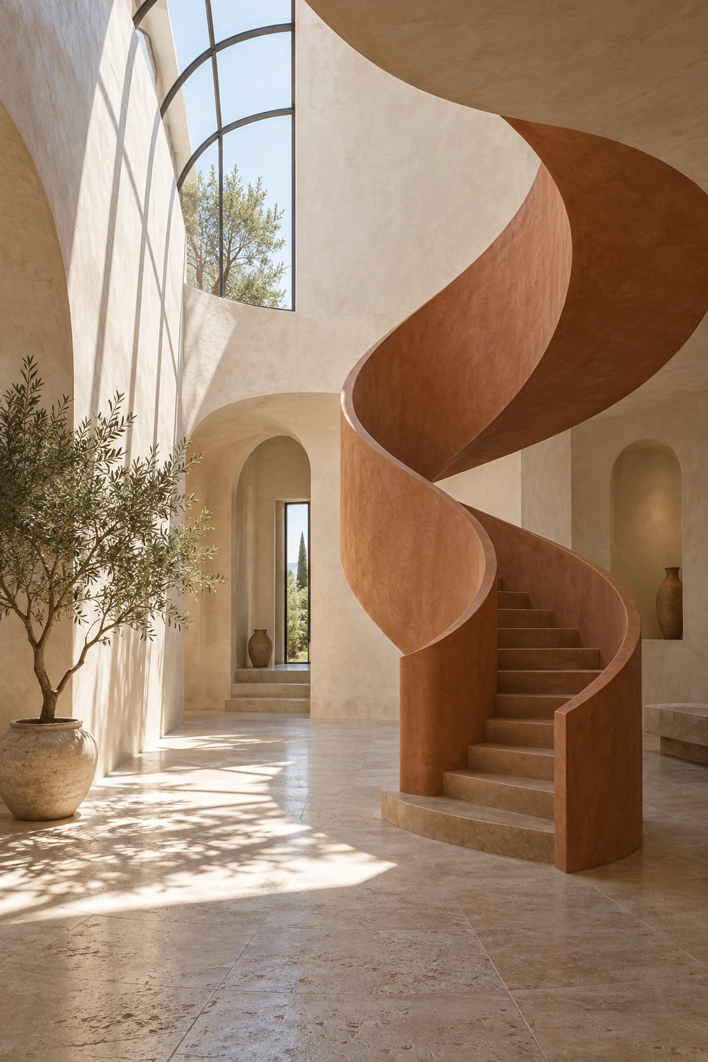 Sculptural terracotta spiral staircase in a warm plaster atrium with an olive tree