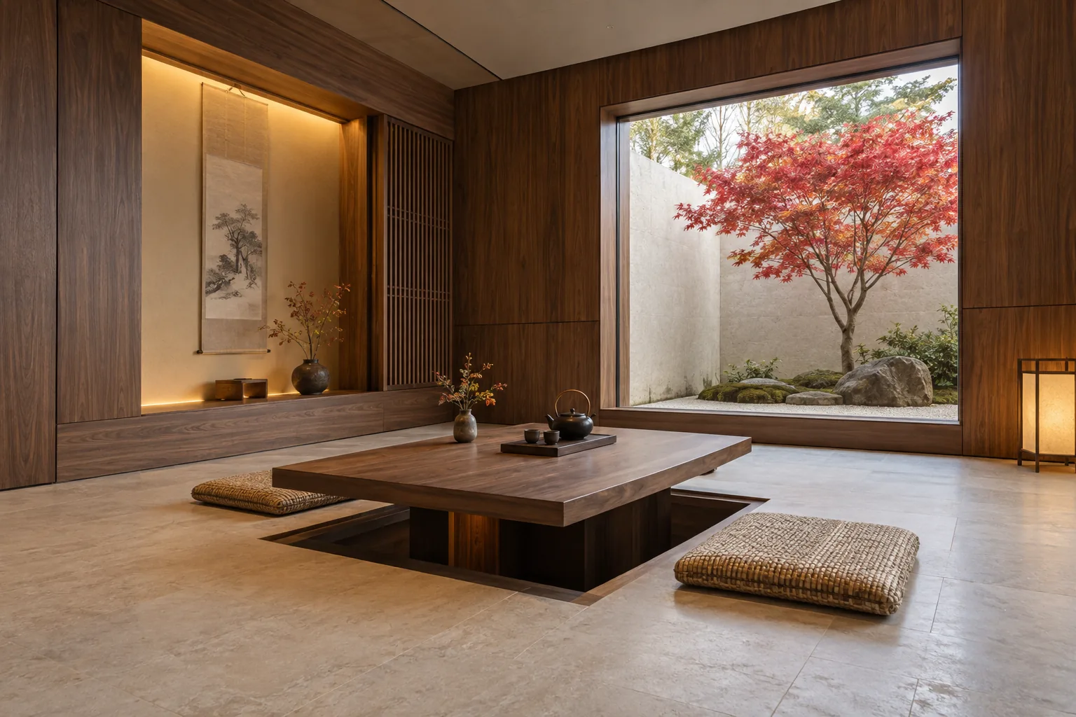 Quiet Japanese tea room with walnut joinery, a sunken table and a courtyard maple