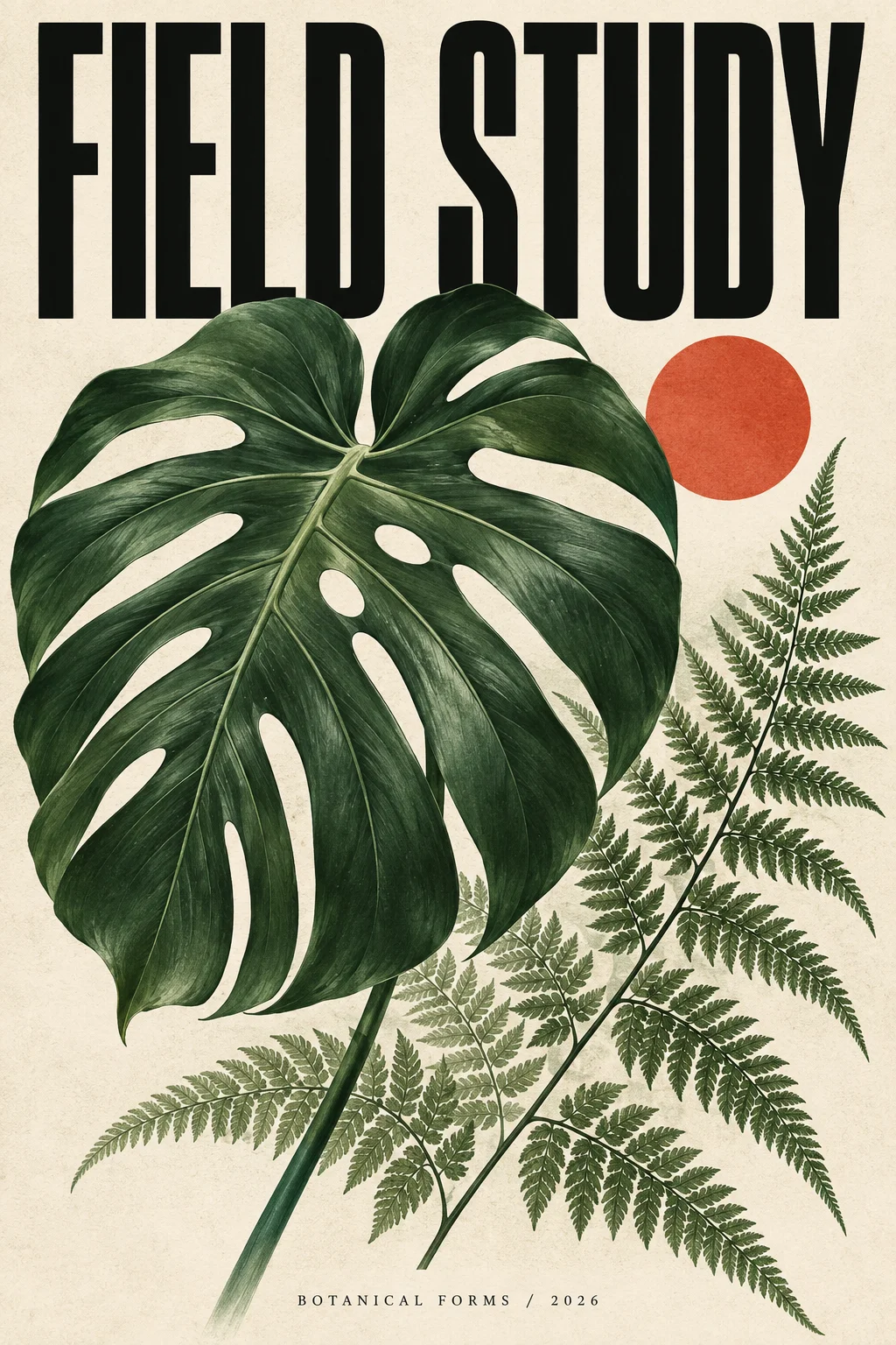 Botanical exhibition poster with large FIELD STUDY lettering and sculptural green leaves