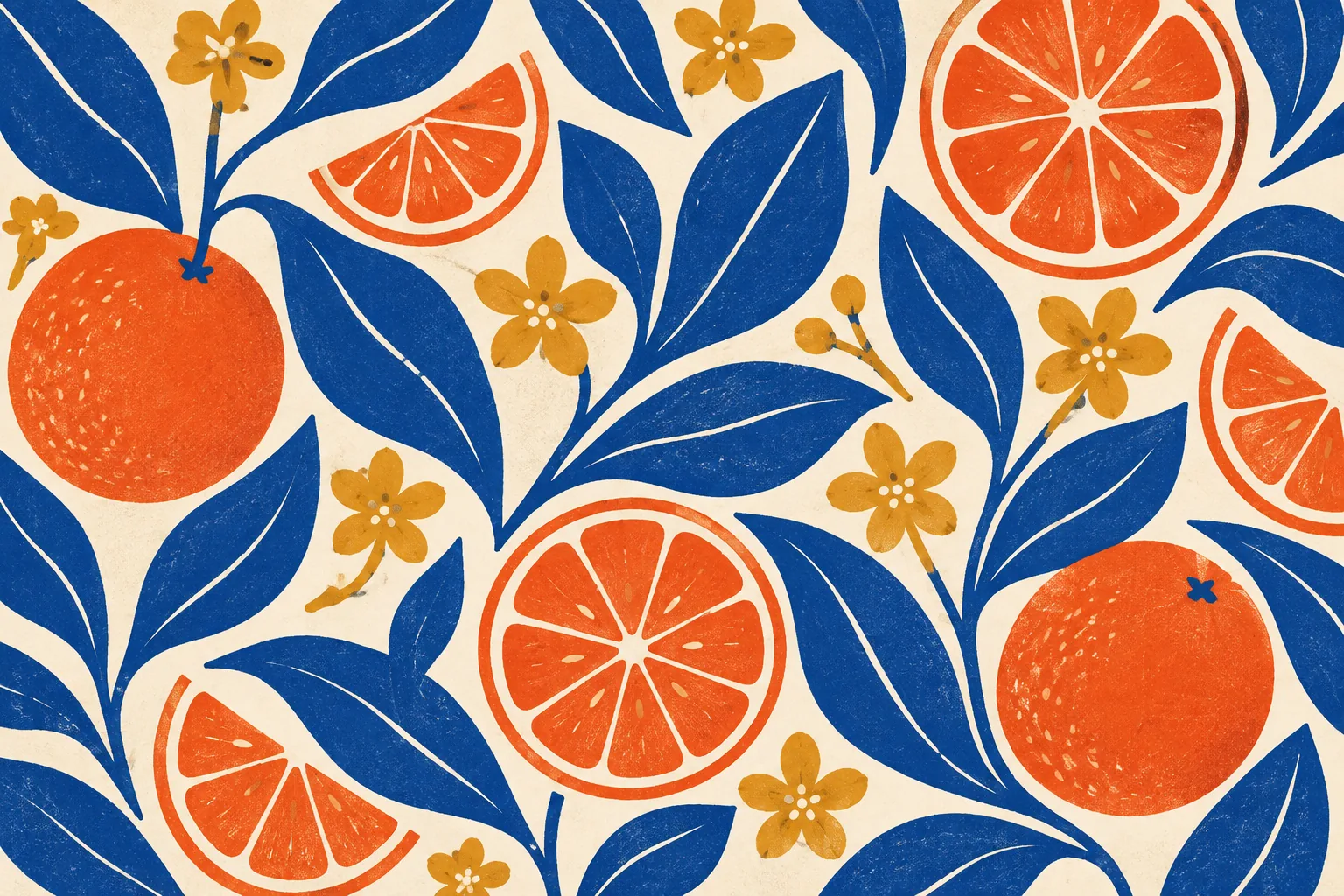 Bold screenprinted pattern of cobalt citrus leaves and coral orange slices on cream paper