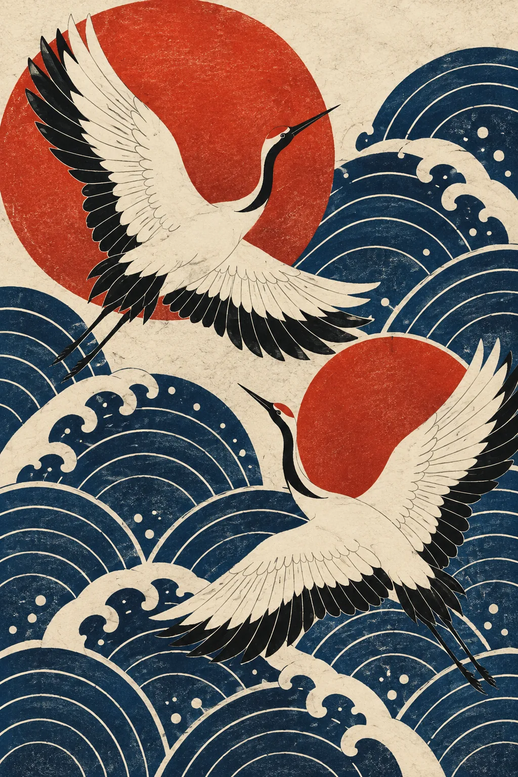 Japanese-inspired screenprint of white cranes among indigo waves and vermilion sun shapes