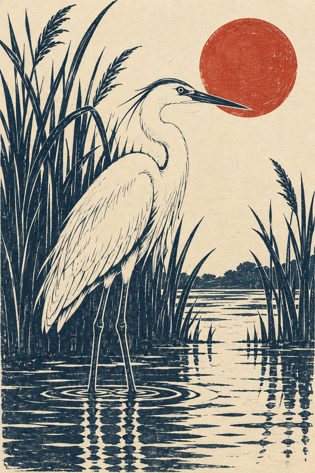 Indigo and rust linocut of a white heron among reeds under a circular sun