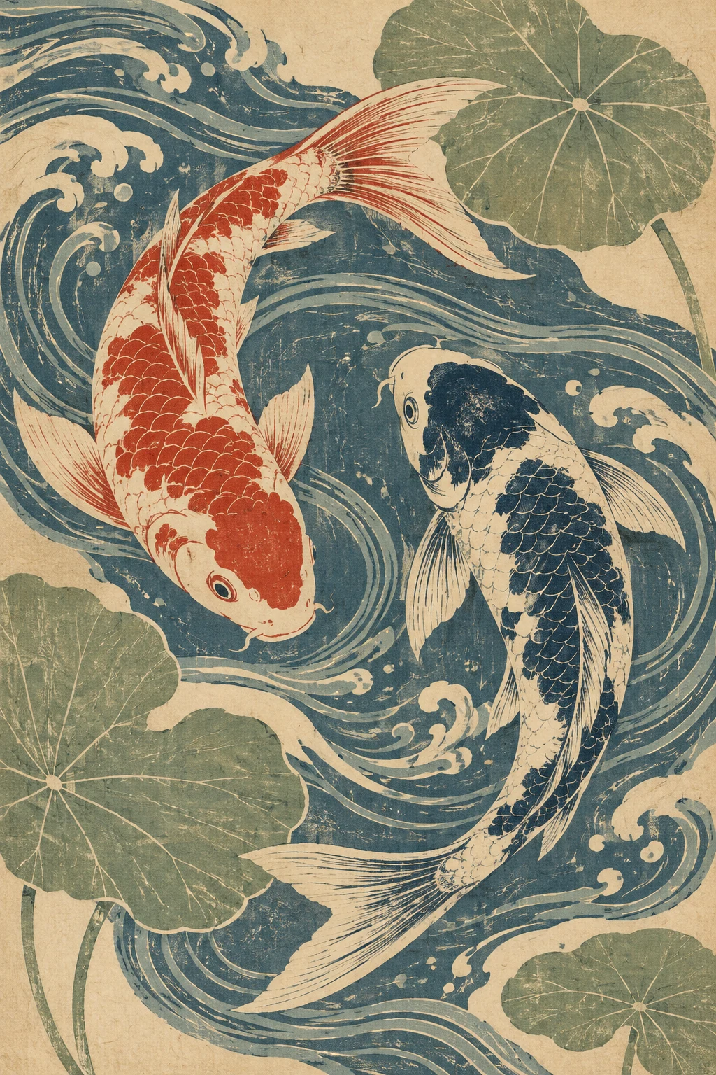 Japanese-inspired woodblock print with two red and ivory koi among indigo water ripples