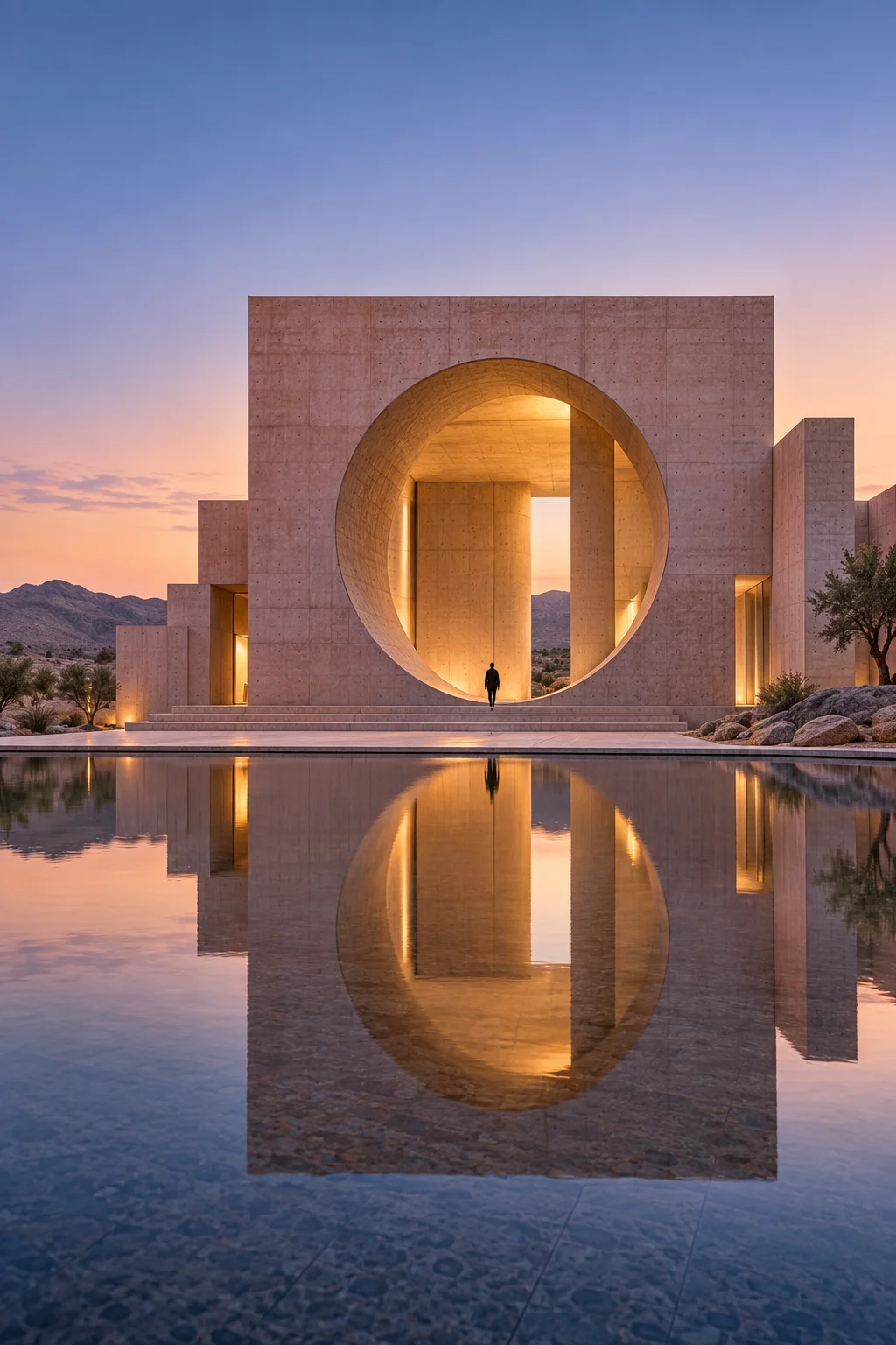 Sculptural pink concrete museum reflected in still water at dusk