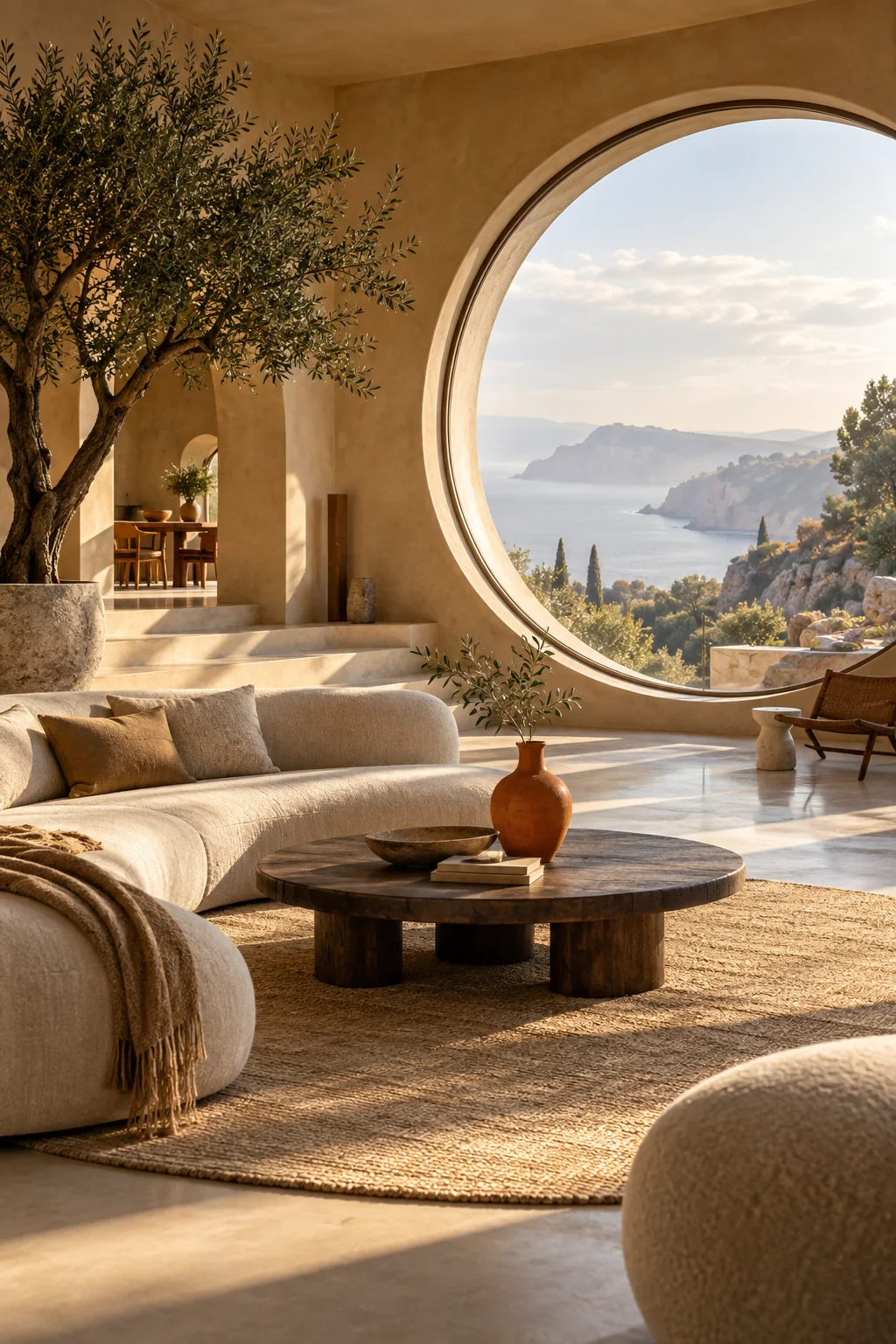 Sculptural living room with a curved linen sofa and circular coastal window