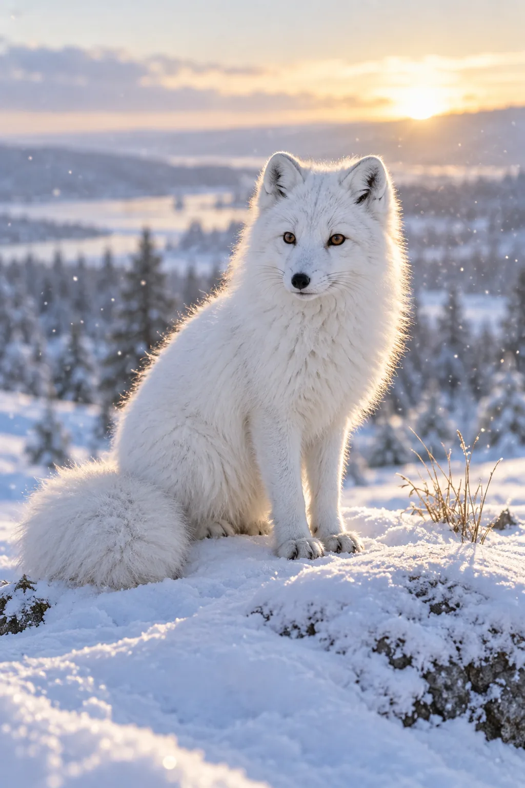 Arctic fox in soft falling snow with pale blue shadows and warm backlight