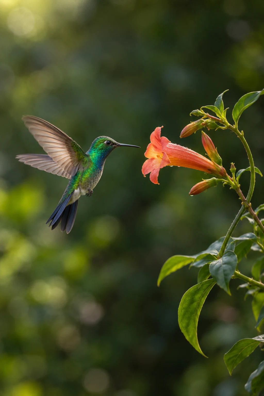 Emerald hummingbird hovering beside a coral trumpet flower in a softly blurred green garden