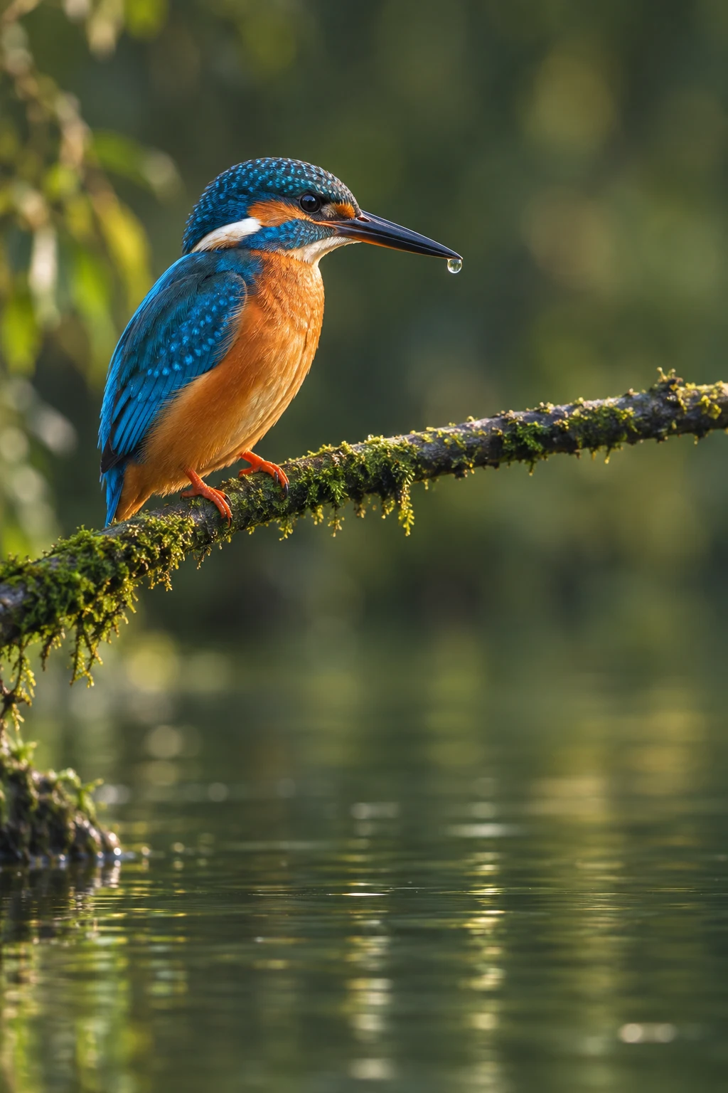 Vivid blue and orange kingfisher perched on a mossy branch above still green water