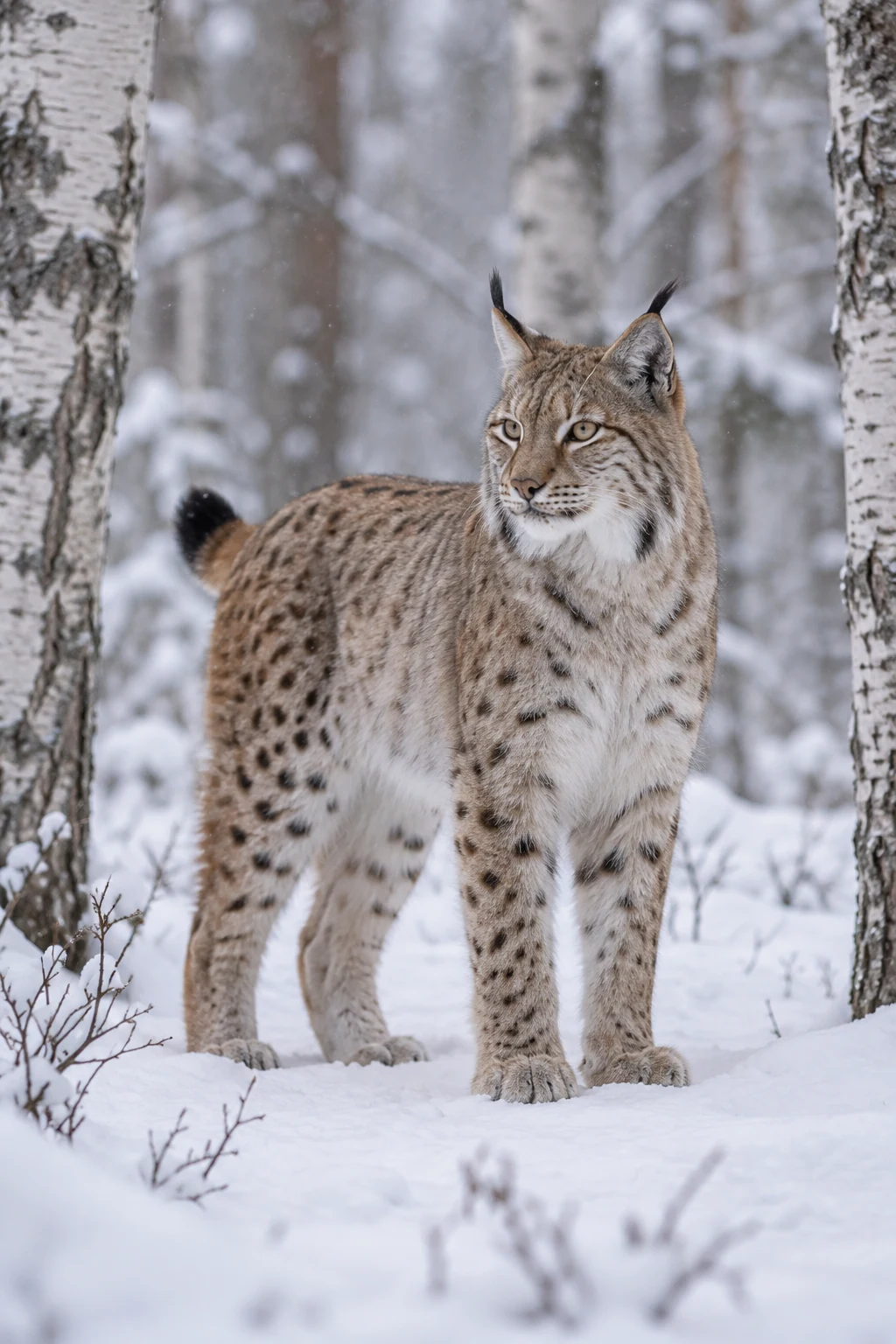 Wild Eurasian lynx standing quietly between silver birch trees in fresh snow