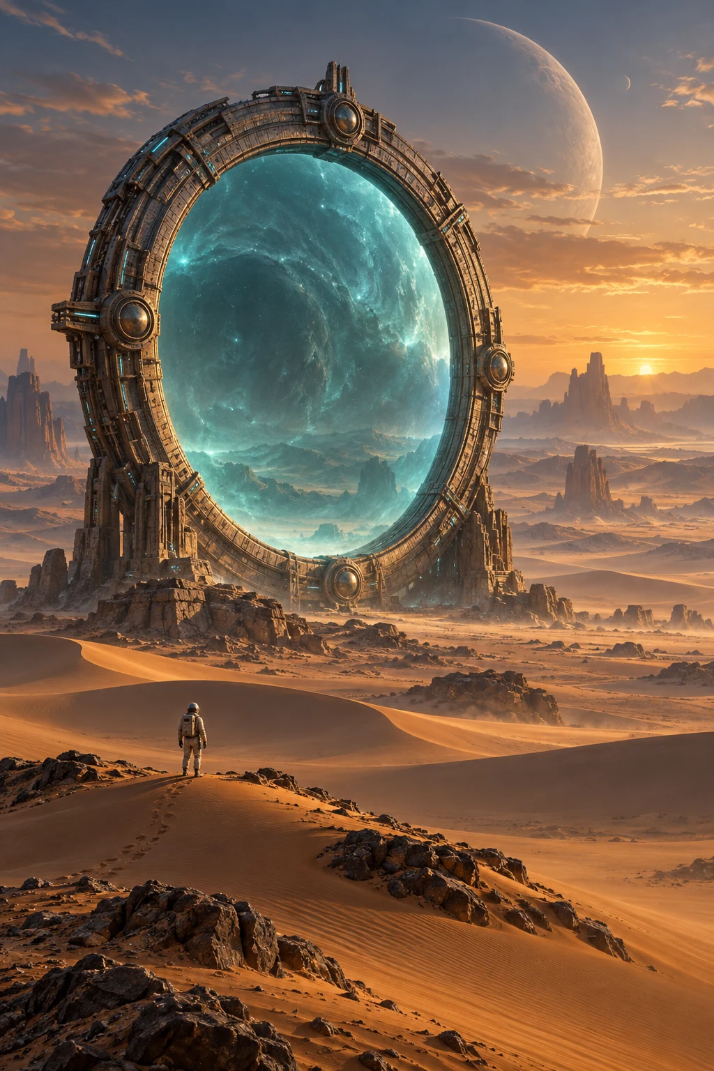 Cinematic science-fiction portal towering above a desert with a lone explorer at dusk