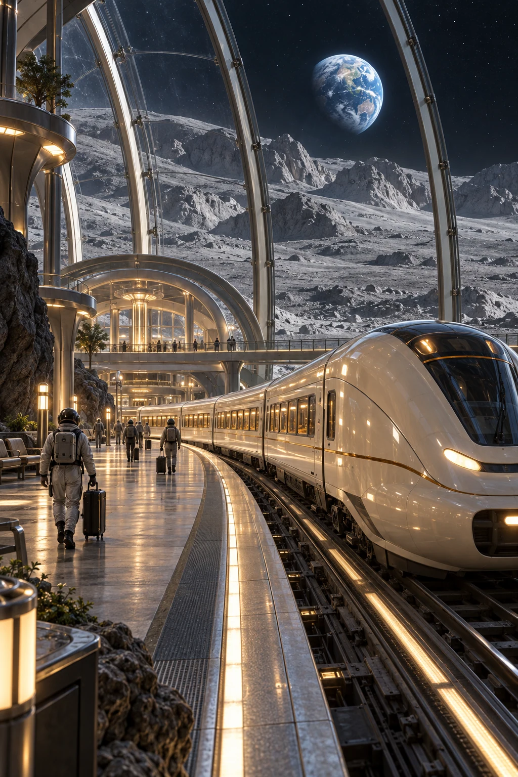 A white lunar train arriving at an illuminated station beneath a glass dome on the moon