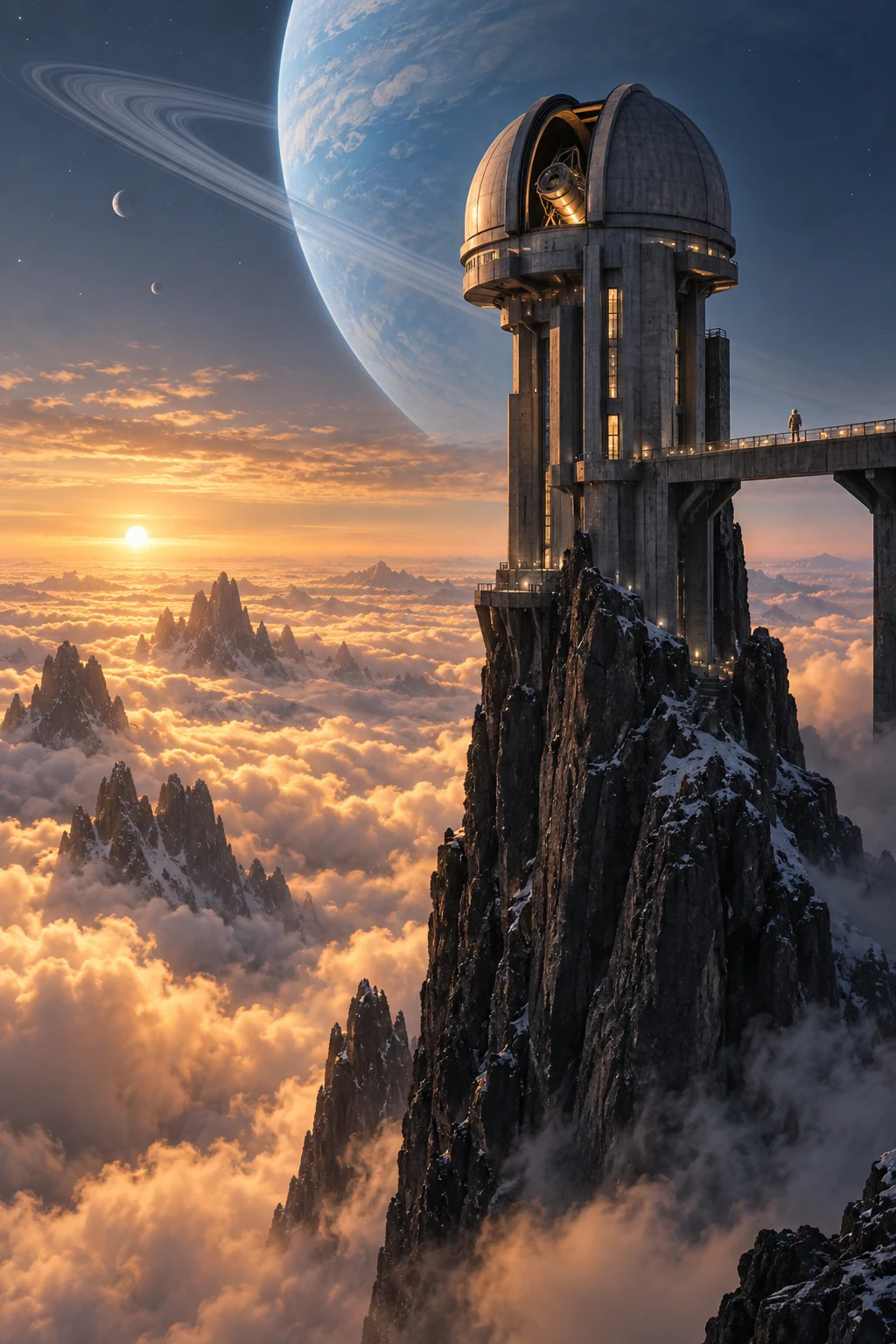 Cinematic science-fiction observatory above orange clouds beneath a ringed planet