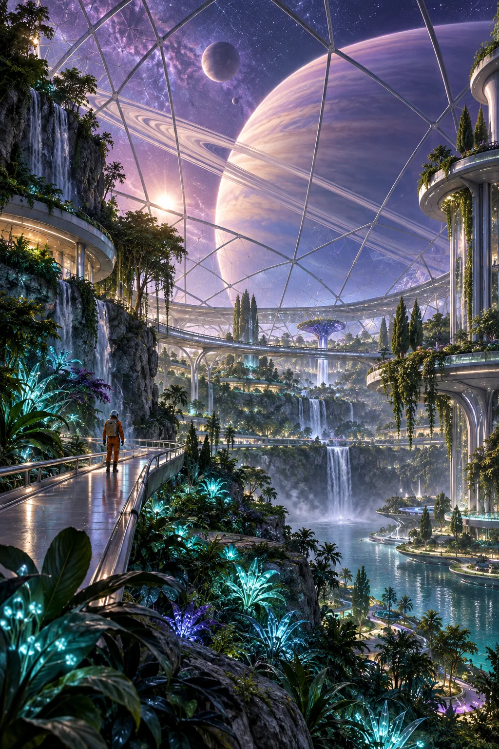 Vast orbital greenhouse with a ringed planet above luminous gardens and a tiny astronaut