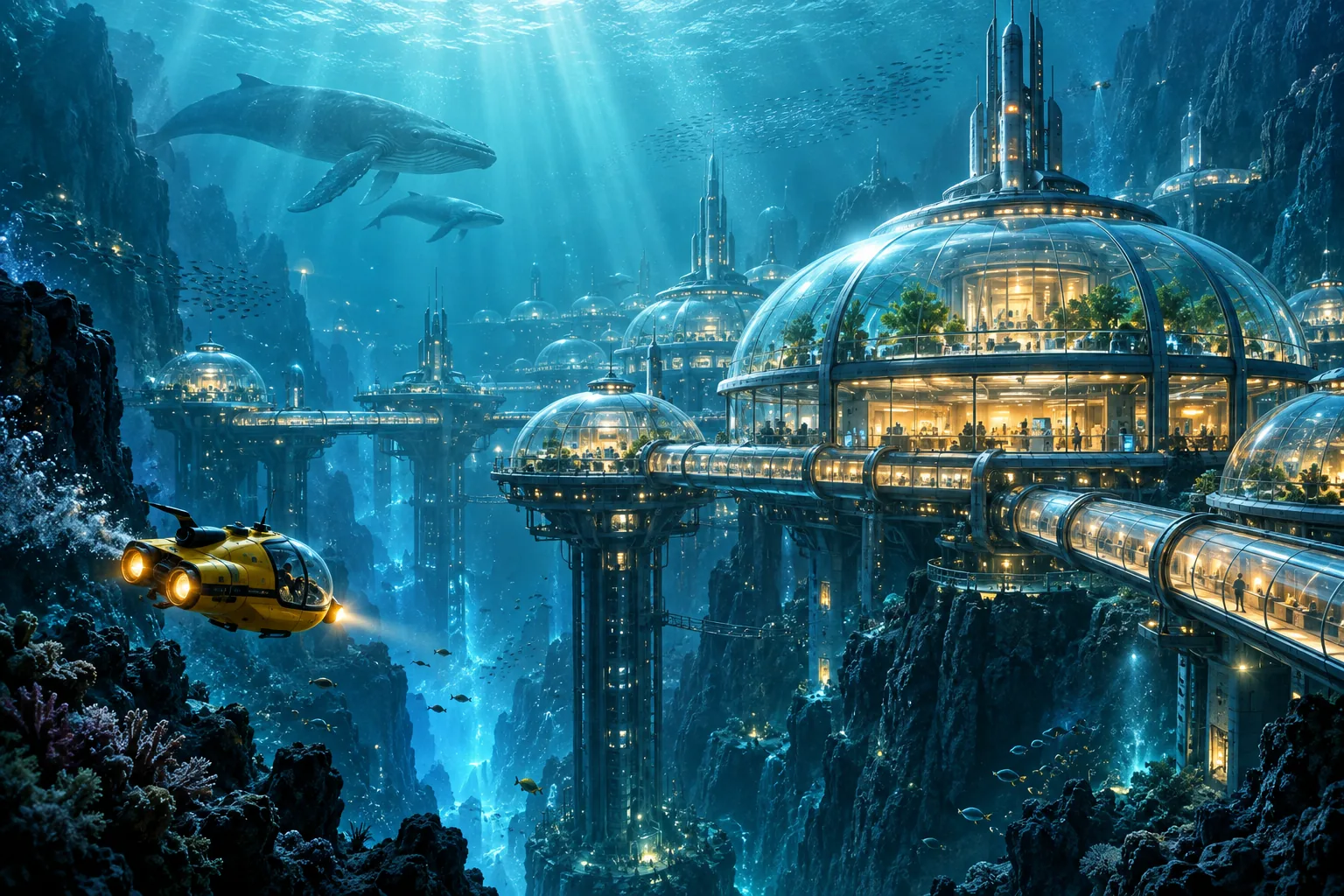 Cinematic underwater research city with luminous domes and a small yellow submersible